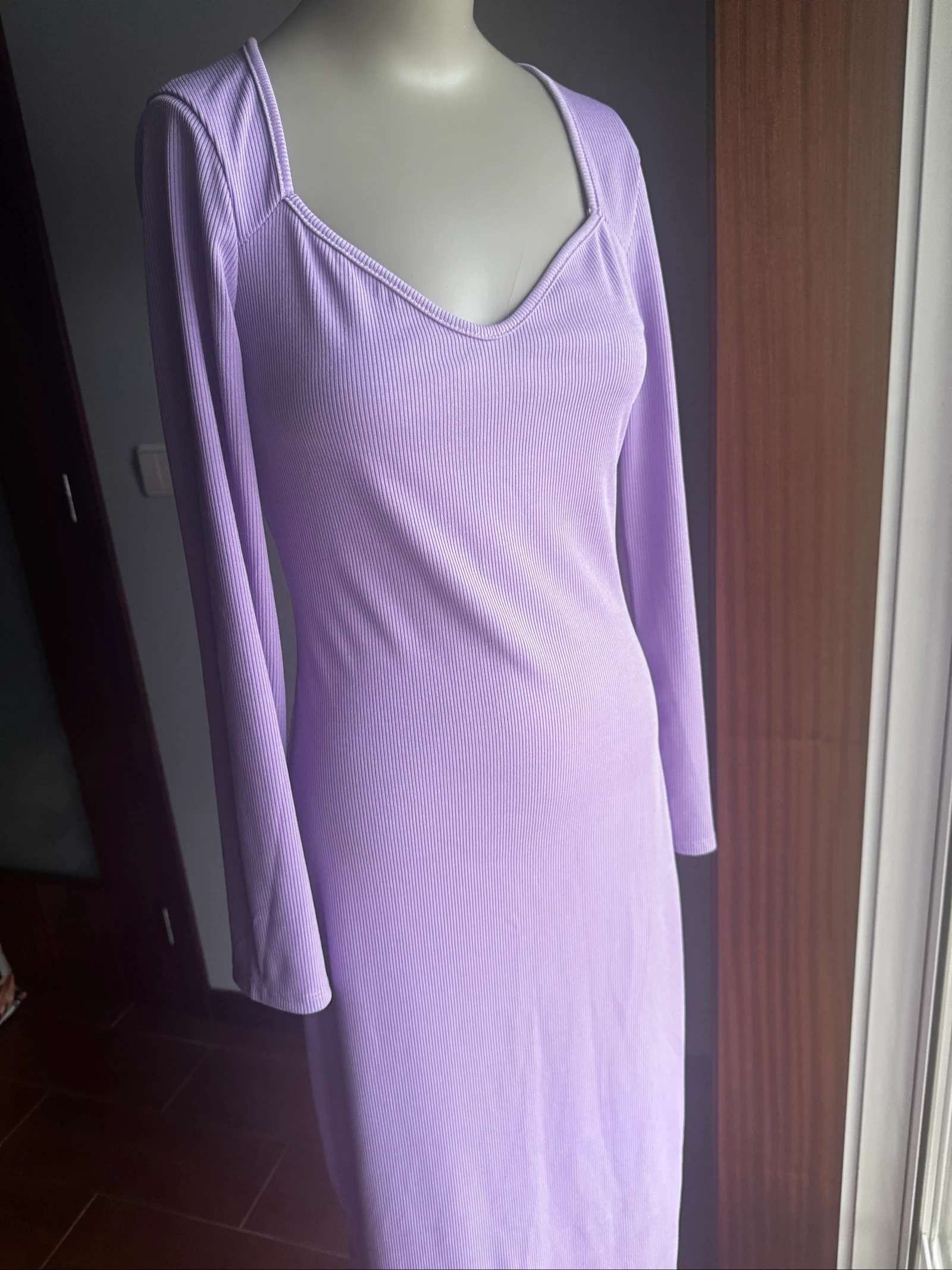 Vestido Malha Canelada Lilás Novo Tamanho Único (veste S/M) Manga Comprida Elegante
